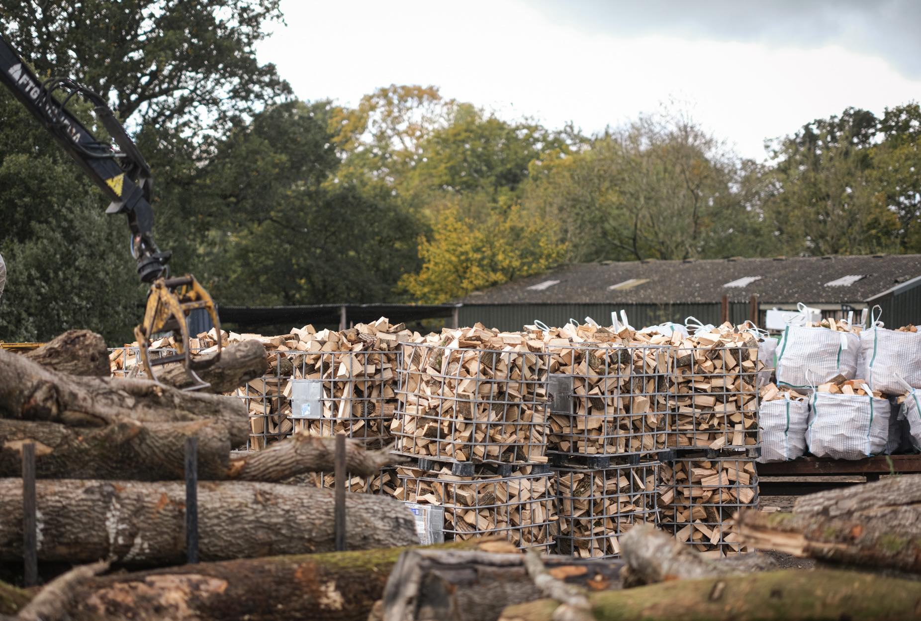 Crane lifting netted bundles of logs against autumn trees