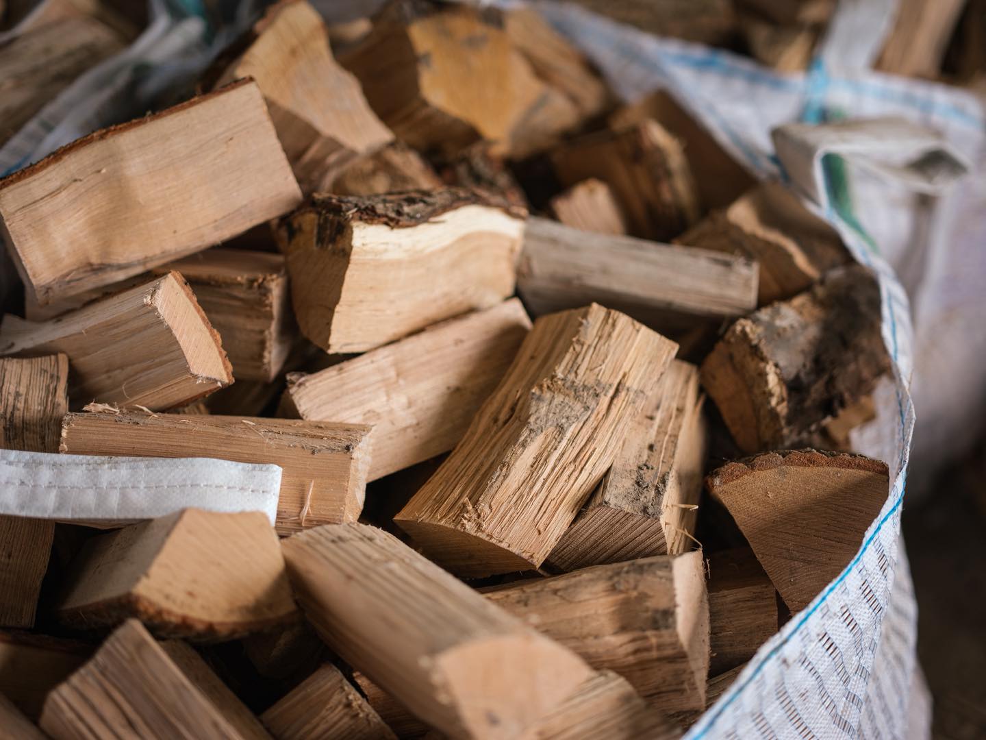Close-up of split seasoned hardwood showing pale dry grain